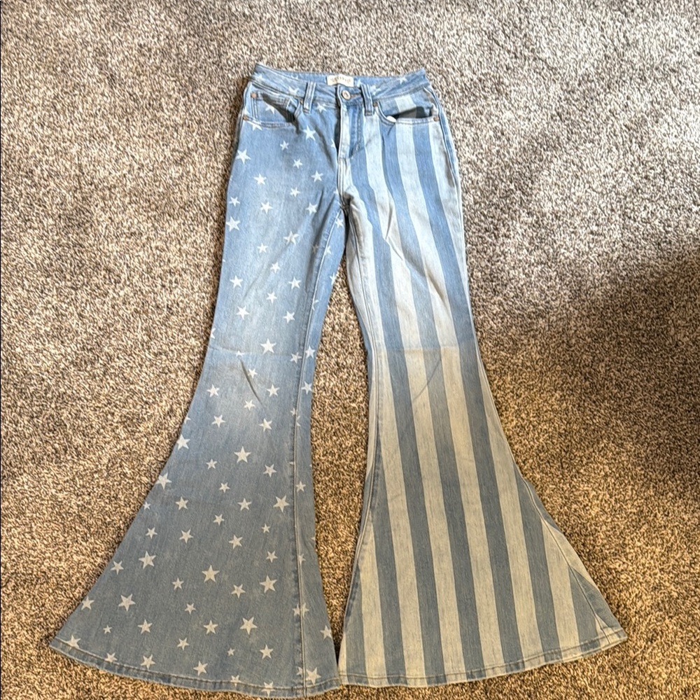 Shyanne Blue Flare Jeans with Star and Stripe Design